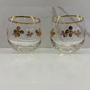Pair of Vintage Gold Roly Poly Shamrock Lucky Clover Barware Glasses